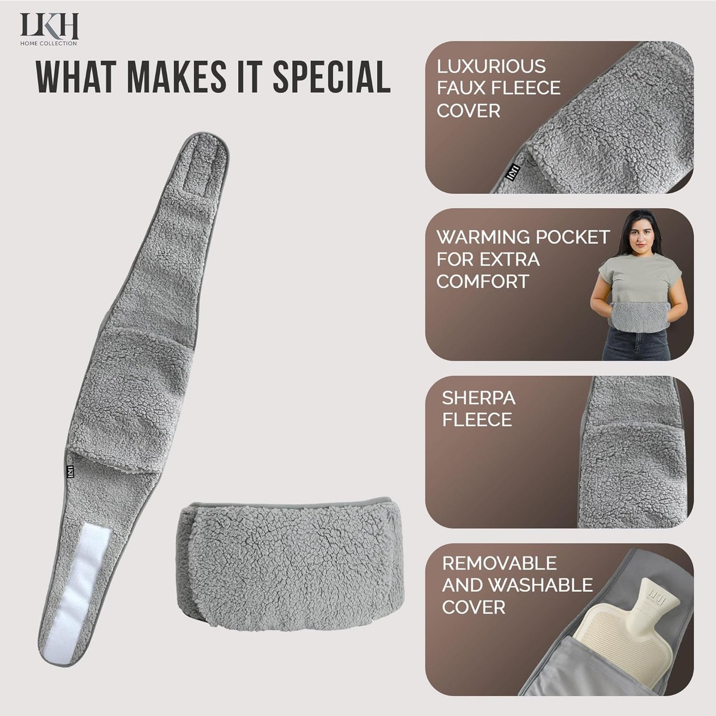 LKH Wearable Hot Water Bottle with Cover UK – 1Litre Wrap around Hot Water Bottles for Adults, Kids, Teens, Women | with Adjustable Belt, Luxurious Sherpa, and Removable Washable Cover